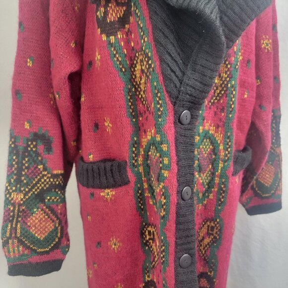 Cervelle Boho Cardigan Sweater Coat Button Up Front Vintage XL Maroon Gold Green - Picture 4 of 8